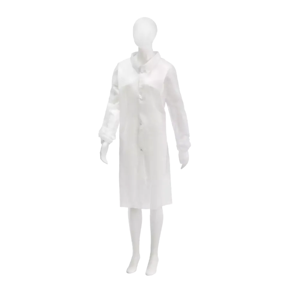 In a clinical and professional presentation, the white mannequin showcases an AMPri MED-COMFORT PP fleece visitor coat from AMPri Handelsgesellschaft mbH. The long lab coat, designed for hygienic disposable protection, has long sleeves and button closures on the front. Against a plain white background, this garment made of polypropylene exudes a sense of cleanliness and professionalism.