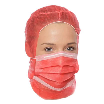 A person wears a red AMPri MED-COMFORT PP astronaut hood with an integrated face mask from AMPri Handelsgesellschaft mbH, revealing only the eyes and eyebrows. This practical disposable product effectively conceals most of the face and head against a simple white background.