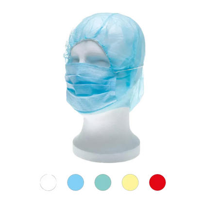 A mannequin head presents a blue surgical cap and a face mask, illustrating the versatility of this disposable product. Below, five colored circles – white, light blue, green, yellow, and red – mark the available color options for the AMPri MED-COMFORT PP astronaut hood with mouth protection from AMPri Handelsgesellschaft mbH.