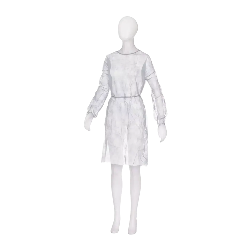A white mannequin wears a transparent, long-sleeved, knee-length light gray dress reminiscent of the minimalist design of the MED-COMFORT PP disposable visitor gown with elastic band in the sleeve by AMPri Handelsgesellschaft mbH. The outfit exudes simplicity and elegance against a plain white background.