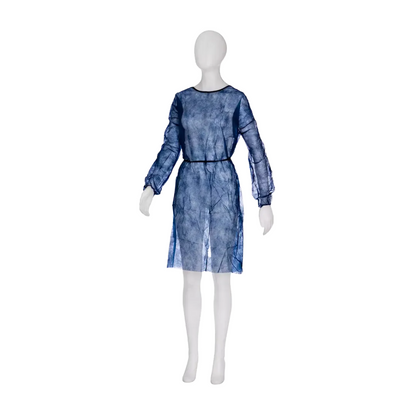 A white mannequin wears a transparent, long-sleeved blue dress similar to the AMPri MED-COMFORT PP disposable visitor gown with elastic band in the sleeve by AMPri Handelsgesellschaft mbH and features a subtle texture. The dress is cinched at the waist with a thin black belt and the mannequin stands against a plain white background.
