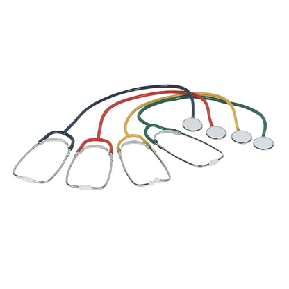 Four AMPri MED-COMFORT PVC flathead stethoscopes, available in navy blue, red, yellow, and green from AMPri Handelsgesellschaft mbH, are neatly arranged side by side. The chest pieces are perfectly aligned in a row, while the tubes form elegant arcs above them. They are ideal for use in hospitals.