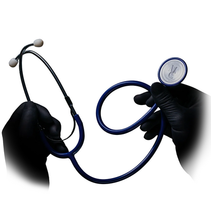 A person with black gloves holds a AMPri MED-COMFORT PVC flathead stethoscope in a dark blue shade, as commonly used in hospitals, demonstrating the usefulness of polyvinyl chloride materials.