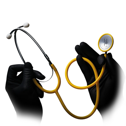 Two hands with black gloves hold a yellow AMPri MED-COMFORT PVC flathead stethoscope against a white background. The stethoscope, made and coiled from polyvinyl chloride with a visible diaphragm, resembles those commonly found in hospitals.