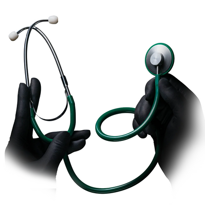 Two gloved hands hold a green AMPri MED-COMFORT PVC flathead stethoscope from AMPri Handelsgesellschaft mbH against a white background. The left hand holds the ear tips, while the right hand grasps the diaphragm – an indispensable instrument in hospitals.