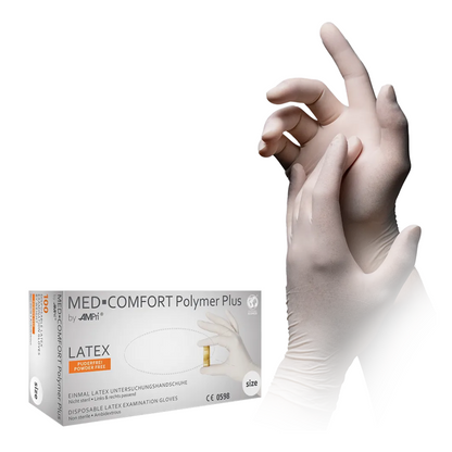 A hand is shown wearing a white, powder-free latex glove and is being tightened with the other hand. Below is a box with the inscription "AMPri MED-COMFORT Polymer Plus latex gloves," indicating that these are gloves from AMPri Handelsgesellschaft mbH, which are intended for single use and offer excellent chemical protection; the box contains 100 pieces.