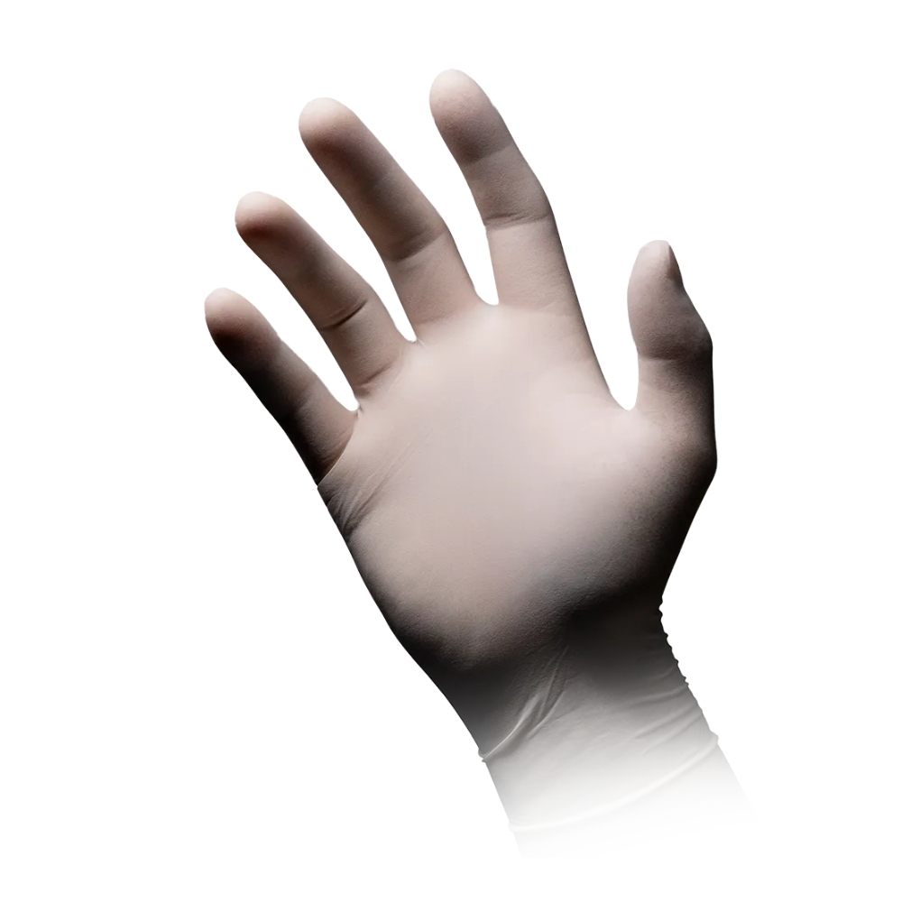An elevated hand is wearing an AMPri MED-COMFORT Polymer Plus latex glove powder-free, white. The image was taken against a white background and shows the palm of the glove with slightly spread fingers.