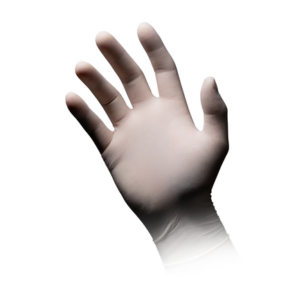 An elevated hand is wearing an AMPri MED-COMFORT Polymer Plus latex glove powder-free, white. The image was taken against a white background and shows the palm of the glove with slightly spread fingers.