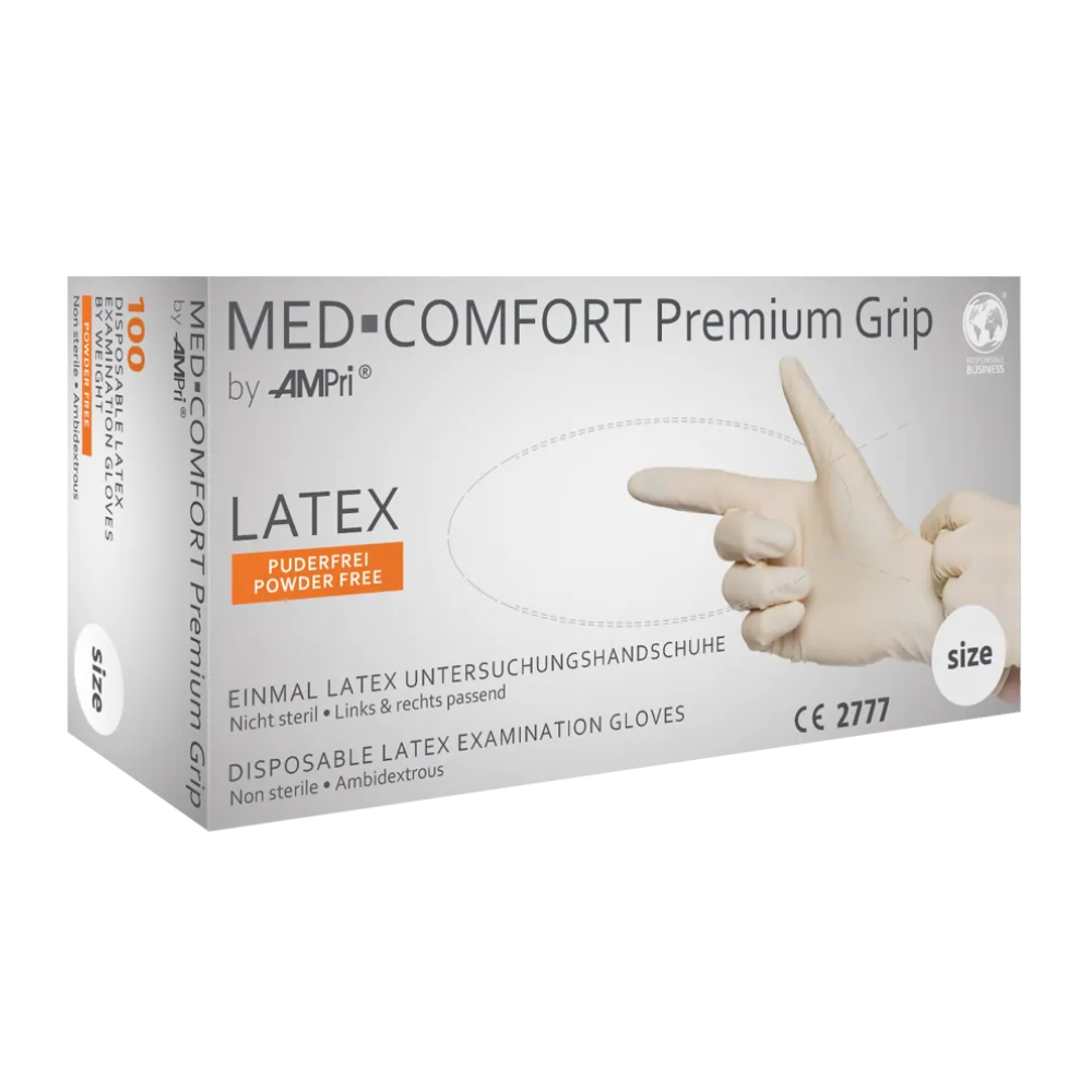 Pictured is a box of AMPri MED-COMFORT Premium Grip Latex Gloves, white | Box (100 pieces) from AMPri Handelsgesellschaft mbH. The box is labeled as non-sterile, powder-free, and ambidextrous. The packaging shows the image of a hand with a glove and contains text in several languages, highlighting the suitability of the packaging for professional use.