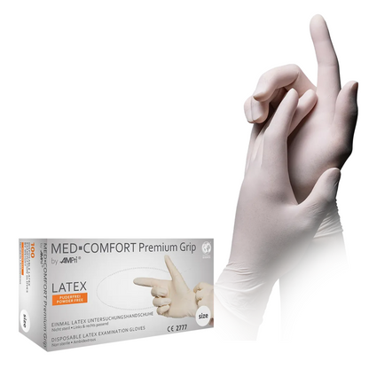 Pictured is a box of AMPri MED-COMFORT Premium Grip Latex Gloves, white from AMPri Handelsgesellschaft mbH (100 pieces). Next to the box is an image of a pair of gloved hands, with one hand slightly overlapping the other. The box contains product details and the size is indicated as '6'. These powder-free gloves are ideal for professional use.