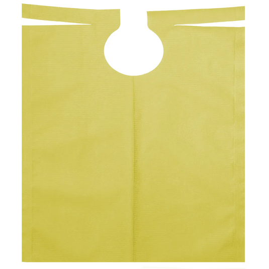 Der AMPri-Patientenumhang mit PE-Beschichtung der AMPri Handelsgesellschaft mbH ist eine rechteckige gelbe Kunststoffschürze mit runder Halsöffnung und Bändern oben, die sich zum Schutz in verschiedenen Umgebungen, einschließlich zahnärztlicher Behandlungen, eignet.