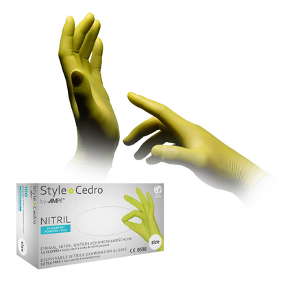 The image shows a pair of green nitrile examination gloves with the inscription 'AMPri STYLE CEDRO', worn on two hands. Below the hands is a box of these AMPri STYLE CEDRO nitrile gloves powder-free by MED-COMFORT, indicating that they are powder-free and latex-free disposable gloves in sizes 8-9.