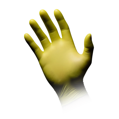 A hand clad in a green nitrile AMPri STYLE CEDRO nitrile glove powder-free by MED-COMFORT is depicted against a white background, with the palm facing the viewer and the fingers spread. The glove appears to be made of nitrile material.