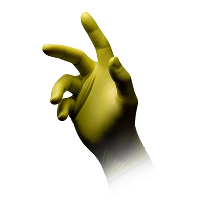 On a white background, a raised right hand with an AMPri STYLE CEDRO nitrile glove powder-free by MED-COMFORT in green is visible. The hand is partially clenched into a fist, with thumb, index, and middle fingers extended.