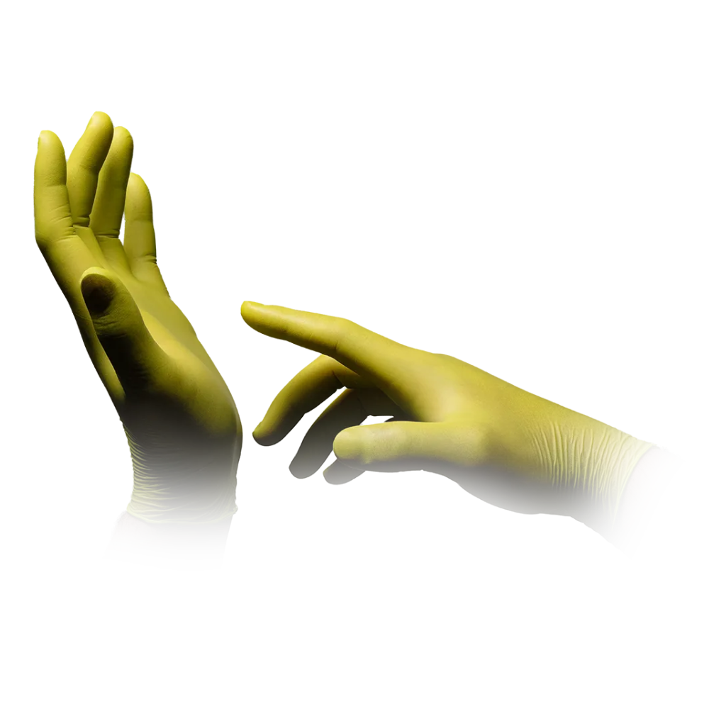 An image shows two hands wearing light green AMPri STYLE CEDRO nitrile gloves powder-free by MED-COMFORT of the AMPri Handelsgesellschaft mbH. The left hand is open with fingers pointing upwards, while the right hand, also with disposable gloves, reaches outward with a finger pointing to the left. The background is white.