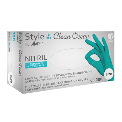 A box of AMPri STYLE CLEAN OCEAN powder-free nitrile gloves from MED-COMFORT, turquoise, disposable examination gloves made of nitrile. The box states that the gloves are latex-free, powder-free, non-sterile, and ambidextrous. The packaging mainly shows the glove color in turquoise and information in German and English.