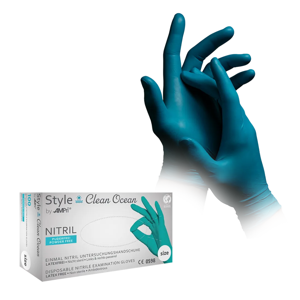 A pair of hands with turquoise AMPri STYLE CLEAN OCEAN powder-free nitrile gloves from MED-COMFORT, with fingers slightly interlocked. Under the hands, a box of Style Clean Ocean powder-free disposable examination gloves made of nitrile, size L, is prominently placed.
