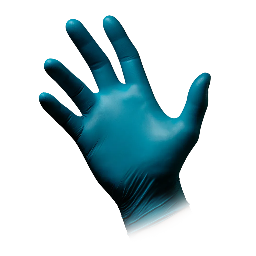 A left hand with an AMPri STYLE CLEAN OCEAN powder-free nitrile glove from MED-COMFORT in turquoise from AMPri Handelsgesellschaft mbH is held against a plain white background. The glove fits snugly and has a smooth texture, with all fingers clearly separated.