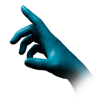 A single hand with a blue glove, AMPri STYLE CLEAN OCEAN powder-free nitrile gloves from MED-COMFORT in turquoise, is visible against a white background. The hand is in a relaxed position with slightly curved fingers, and the thumb and index finger form an 'Okay' gesture.