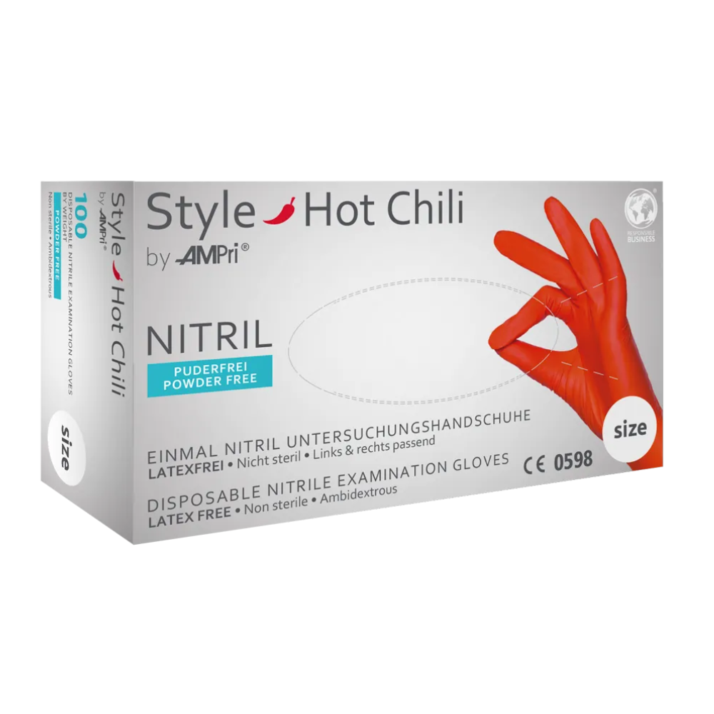 The image shows a white box with "AMPri STYLE HOT CHILI Nitrile gloves powder-free by MED-COMFORT" nitrile disposable examination gloves from AMPri Handelsgesellschaft mbH. These disposable gloves are latex-free, powder-free (nitrile gloves powder-free), and non-sterile, intended for single use. The box features a red-gloved hand making an "OK" gesture.
