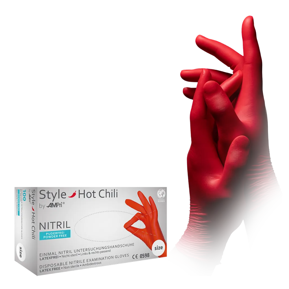 A pair of hands with bright red AMPri STYLE HOT CHILI nitrile gloves powder-free by MED-COMFORT is seen over a box labeled "AMPri STYLE HOT CHILI". The box states that these are disposable examination gloves made of nitrile in size "S". One hand rests over the open box.