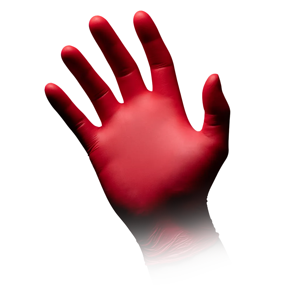 A right hand with an AMPri STYLE HOT CHILI nitrile glove powder-free by MED-COMFORT, Red from AMPri Handelsgesellschaft mbH is seen against a white background. The glove appears to be made of nitrile or a similar material.