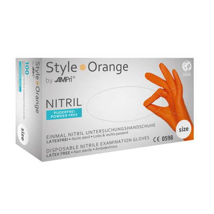 In a white box labeled "AMPri STYLE ORANGE Nitrile Gloves Powder-Free from MED-COMFORT, Orange" by AMPri Handelsgesellschaft mbH, there are disposable examination gloves made of nitrile. The box indicates that the gloves are latex-free and powder-free (nitrile gloves powder-free). An image shows an orange glove in a worn state, with various information and certifications pointing to this latex alternative.