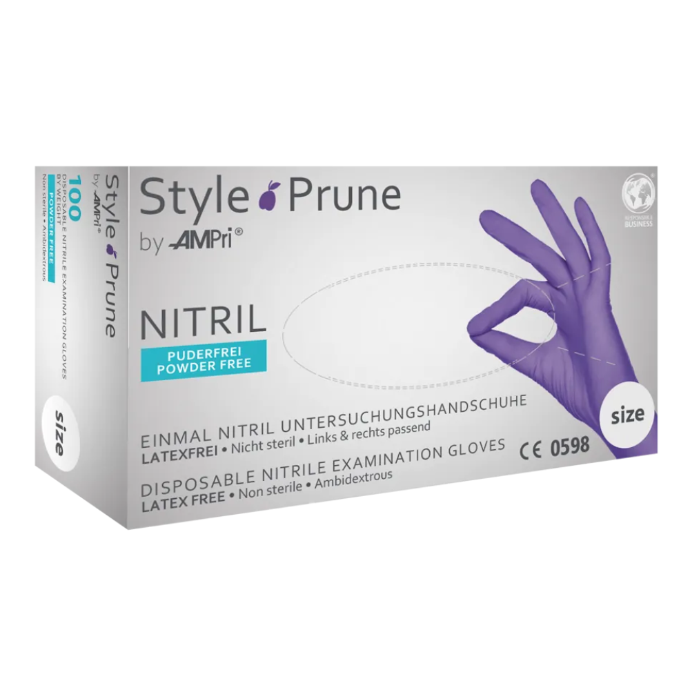 Box of AMPri STYLE PRUNE powder-free nitrile gloves by MED-COMFORT in dark purple from AMPri Handelsgesellschaft mbH. The box shows a hand wearing a purple nitrile glove making an OK gesture. The gloves are latex-free, powder-free, non-sterile, and ambidextrous. The text is available in both German and English.