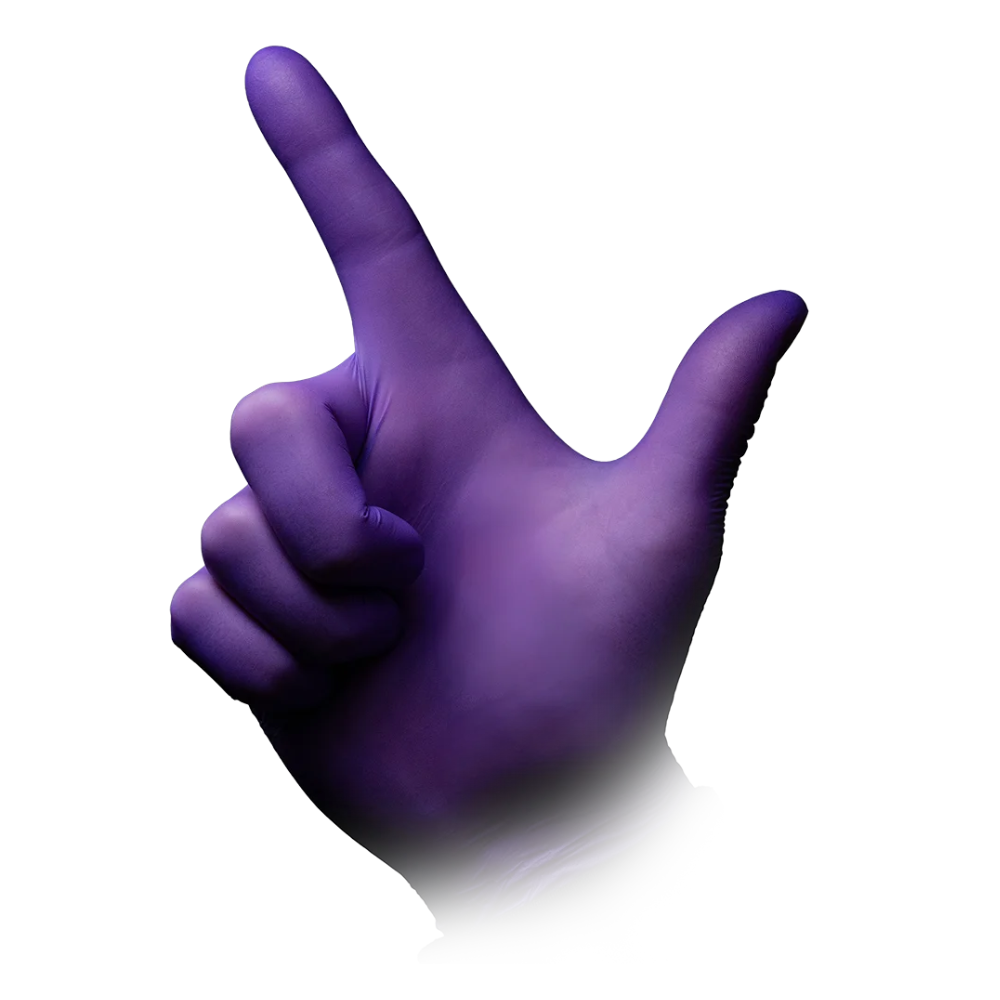 Close-up of a hand with an AMPri STYLE PRUNE powder-free nitrile glove by MED-COMFORT in dark purple from AMPri Handelsgesellschaft mbH, with the index finger pointing up and the thumb extended sideways forming an L against a white background.