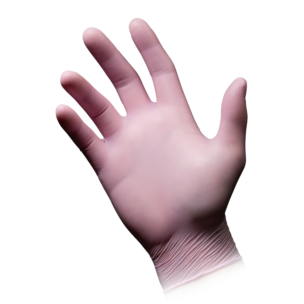 A left hand is wearing an AMPri STYLE STRAWBERRY nitrile glove powder-free by MED-COMFORT, pink. The light pink glove fits snugly around the fingers and wrist. The white background perfectly highlights the glove.