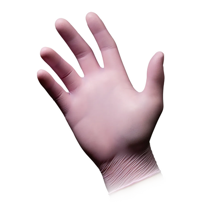 A left hand is wearing an AMPri STYLE STRAWBERRY nitrile glove powder-free by MED-COMFORT, pink. The light pink glove fits snugly around the fingers and wrist. The white background perfectly highlights the glove.