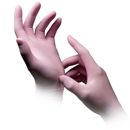 A person wearing AMPri STYLE STRAWBERRY nitrile gloves powder-free by MED-COMFORT in pink from AMPri Handelsgesellschaft mbH uses their right hand to adjust the glove on their left hand. The light pink gloves have a smooth texture against the clean, white background.