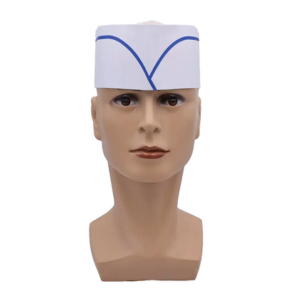 A mannequin head with an AMPri boat cap with fleece crown, a stylish white paper cap with blue line design, frequently used as a disposable product in the food industry and sold by AMPri Handelsgesellschaft mbH.