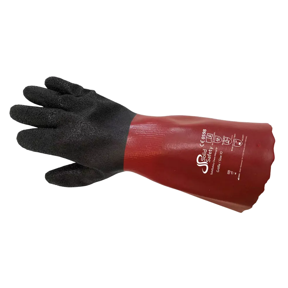 The AMPri SolidSafety Chem MaxGrip chemical protective gloves in sizes M - L, offered by AMPri Handelsgesellschaft mbH, are red-black protective gloves with a textured grip. They are specifically designed as abrasion-resistant chemical protective gloves and feature various safety certification symbols and texts on the wrist to provide exceptional protection against aggressive substances under heavy use.
