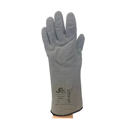 The AMPri SolidSafety Heat Protectors heat protection gloves, available in sizes L to XXL, are gray protective gloves from AMPri Handelsgesellschaft mbH. They feature a textured surface and extend to the wrist. Black logos and safety certification marks on the wrist ensure maximum heat protection. On a white background, these gloves offer reliable heat protection.