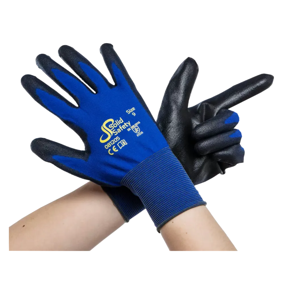 A pair of crossed arms with ultra-light blue and black safety gloves AMPri SolidSafety Tough Fine Touch exudes premium quality. The open palm of the left glove faces forward, while the right forms the shape of a finger gun. These gloves proudly display the logo of AMPri Handelsgesellschaft mbH and size information from XS to XXL, ensuring reliable performance.
