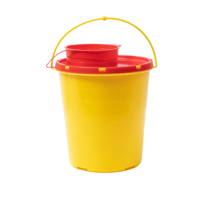 The AMPri CP needle disposal box from AMPri Handelsgesellschaft mbH is a yellow, cylindrical container made of copolymer and polypropylene with a red lid and handle on the edge, designed for the safe disposal of medical waste.