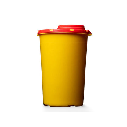 A tall yellow AMPri CP waste bin with a red lid, designed for safety and hygiene, stands centrally against a white background.