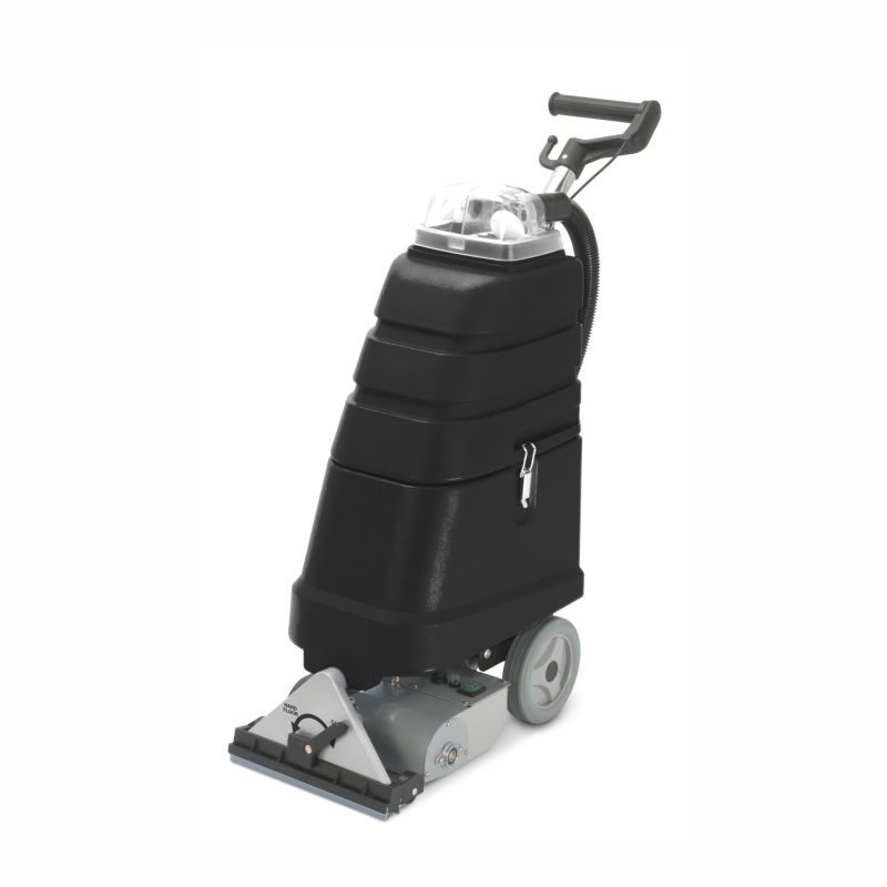 The Arcora Aniko 25 Brush spray extraction device with rotating brush from Arcora International GmbH is a black carpet cleaning device with a handle, large wheels, hose attachment, and transparent lid, depicted upright on a white background.