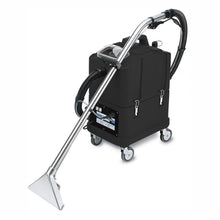 The Arcora Aniko60 spray extraction machine from Arcora International GmbH is a commercial carpet cleaning machine with a black casing, four wheels, a silver rod, and a transparent nozzle - ideal for deep cleaning carpets or upholstery.