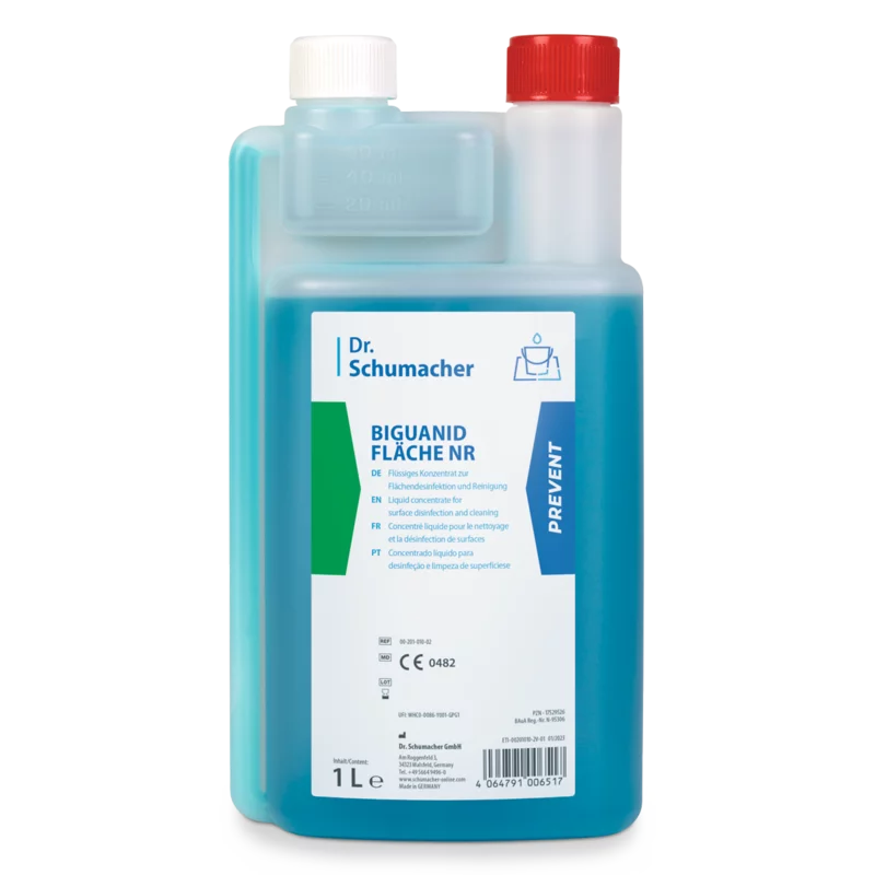 The 1-liter plastic bottle of Dr. Schumacher GmbH Biguanid Surface NR Surface Disinfection is equipped with a red cap, a white measuring cap, blue liquid, and a multilingual label with instructions for disinfecting medical surfaces.