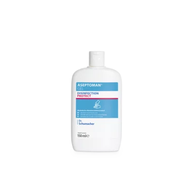 Pictured is a white 150-ml bottle of Aseptoman® Gel hand disinfectant gel from Dr. Schumacher GmbH against a plain, light background with a blue-white-pink label with brand and product information.