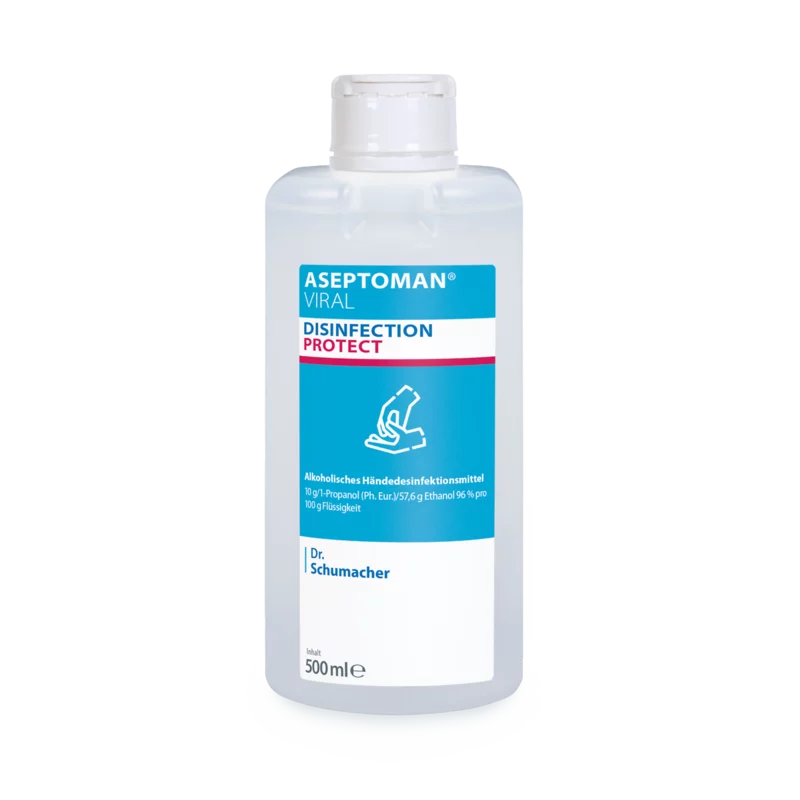 A 500 ml clear bottle labeled "Dr. Schumacher Aseptoman® Viral Hand Disinfection" in blue-pink-white design contains the alcohol-based hand disinfectant by Dr. Schumacher GmbH.