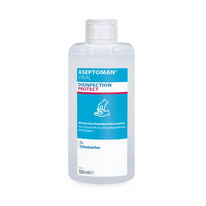 A 500 ml clear bottle labeled "Dr. Schumacher Aseptoman® Viral Hand Disinfection" in blue-pink-white design contains the alcohol-based hand disinfectant by Dr. Schumacher GmbH.