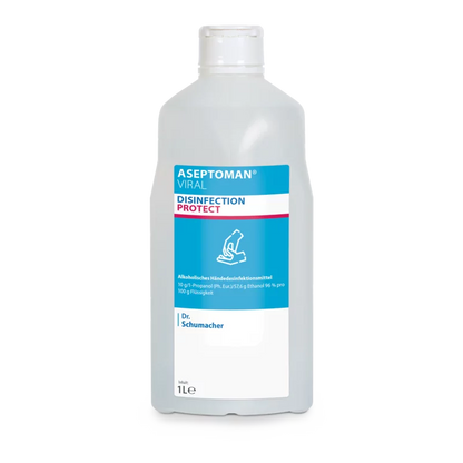 The Dr. Schumacher Aseptoman® Viral Hand Disinfection by Dr. Schumacher GmbH in the 1-liter plastic bottle with blue-white design and flip-top closure is labeled as virucidal and skin-friendly hand disinfectant.