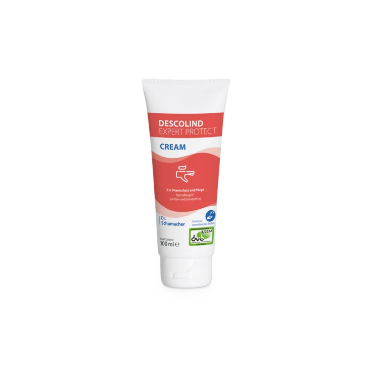 The 100 ml tube of Dr. Schumacher Descolind Expert Protect Cream skin protection cream from Dr. Schumacher GmbH stands upright on a white background with a red-white label - perfect for hand protection for allergy-prone skin.
