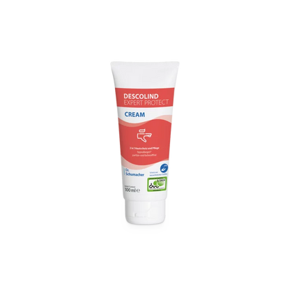 The 100 ml tube of Dr. Schumacher Descolind Expert Protect Cream skin protection cream from Dr. Schumacher GmbH stands upright on a white background with a red-white label - perfect for hand protection for allergy-prone skin.