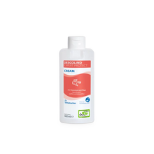 Eine weiße 500-mL-Flasche der Dr. Schumacher Descolind Expert Protect Cream Hautschutzcreme der Dr. Schumacher GmbH mit rot-weißem Etikett, ideal für allergiegefährdete Hände, steht vor einem hellen Hintergrund.