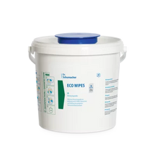 Weißer Kunststoffbehälter mit blauem Deckel und der Aufschrift "Dr. Schumacher ECO WIPES EIMER | Set (6 Eimer)" der Dr. Schumacher GmbH. Auf der Seite sind Hinweise und Details zu diesen umweltfreundlichen Tüchern für eine nachhaltige Reinigung aufgedruckt.