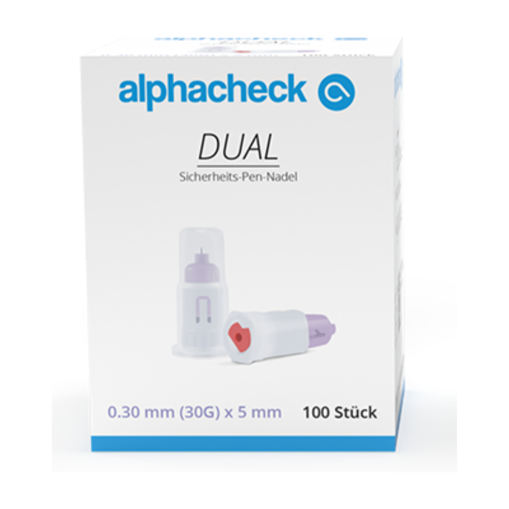 Pictured is a box of Alphacheck DUAL safety pen needles, various sizes by Berger Med GmbH. The box contains 100 needles, each with a size of 0.30 mm (30G) x 5 mm. The design consists of a needle in a protective sleeve and another needle outside, emphasizing double safety.